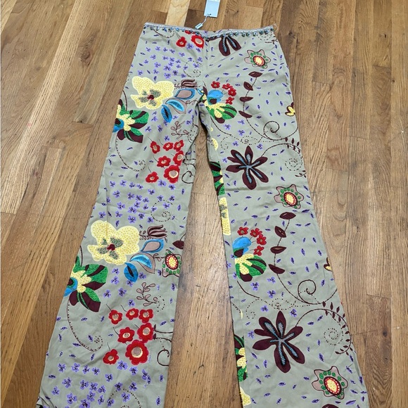 Alberta Ferretti Pants - Vtg Alberta Ferretti Hand Beaded Floral Art Pants 8 Italy AOP Designer 90s Y2K